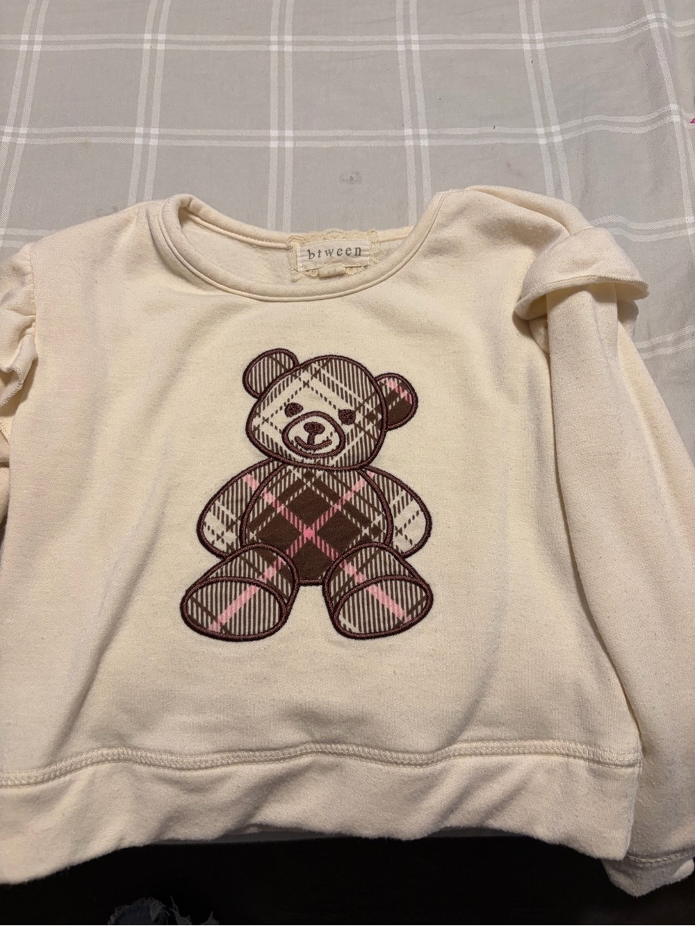 btween Cream Sweatshirt with Pink & Brown Plaid Teddy
